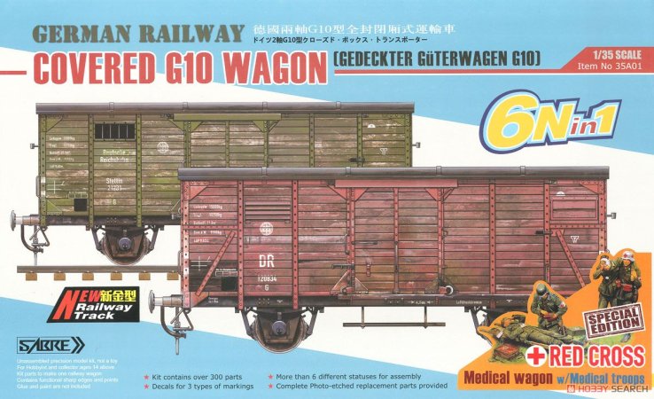 SABRE Plastikový model německého železničního vozu Covered G10 Wagon 6v1 (German railway) + Red Cross
