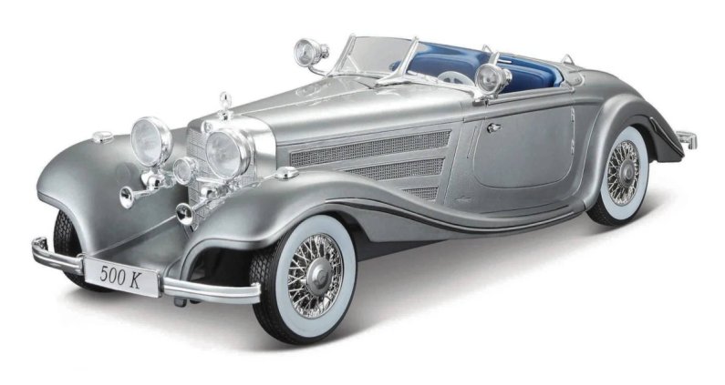 Maisto Sestavený kovový model auta Mercedes-Benz 500 K Typ Specialroadster 1936 - metal šedá - PREMIERE EDITION