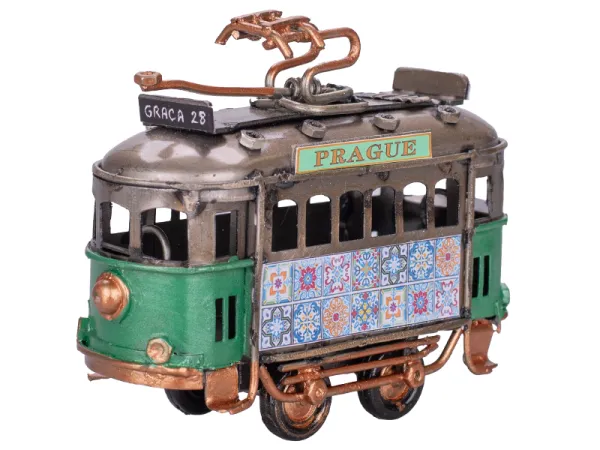 Mikro trading Sestavený kovový model tramvaje na volný chod - 9 cm - zelená s nápisem Prague