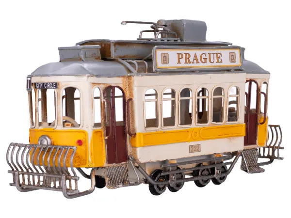 Mikro trading Sestavený kovový model tramvaje na volný chod - 27,5 cm - žlutá s nápisem Prague
