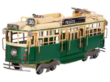 Mikro trading Sestavený kovový model tramvaje na volný chod - 28 cm - zelená s nápisem Prague